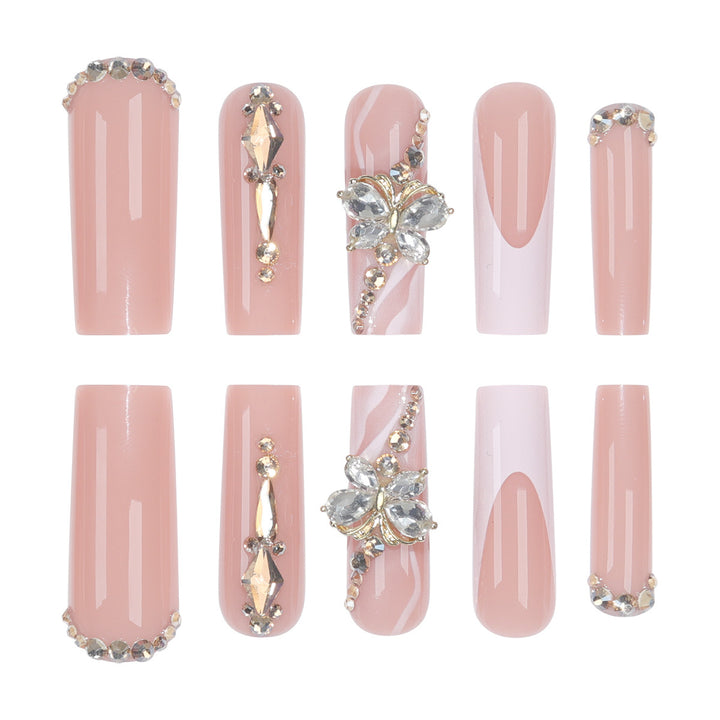 Elegant Long Press-On Nail Set with Decorative Gem and Floral Accents Bowlift
