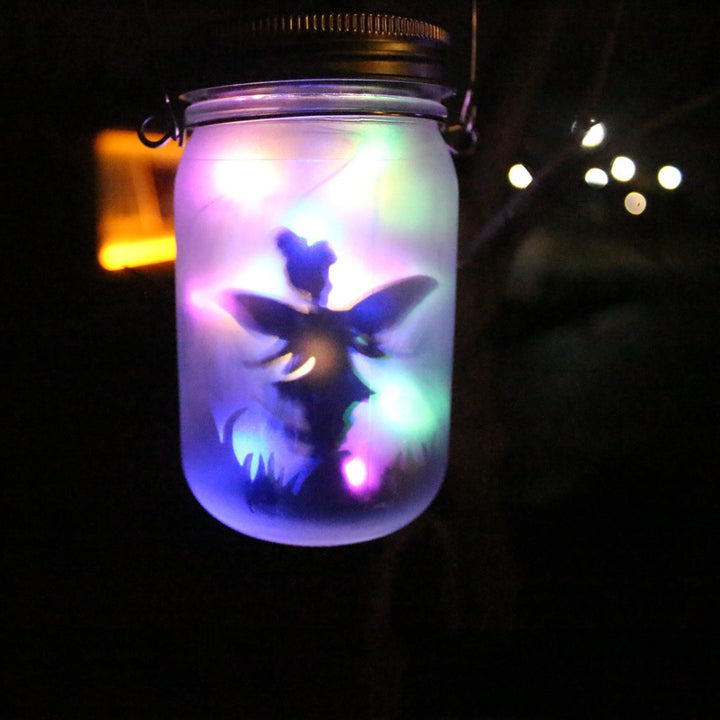 Hanging Frosted Mason Jar Solar LED Fairy Silhouette Lantern With Rope Handle And Dynamic LED String Bowlift