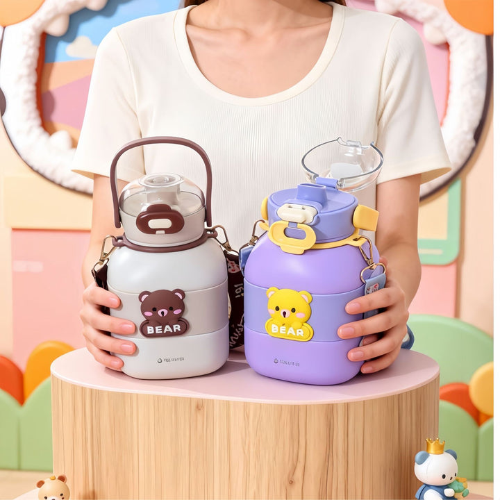 Ladies Insulated Drinking Bottle with Integrated Carry Strap and Animal Motif Bowlift