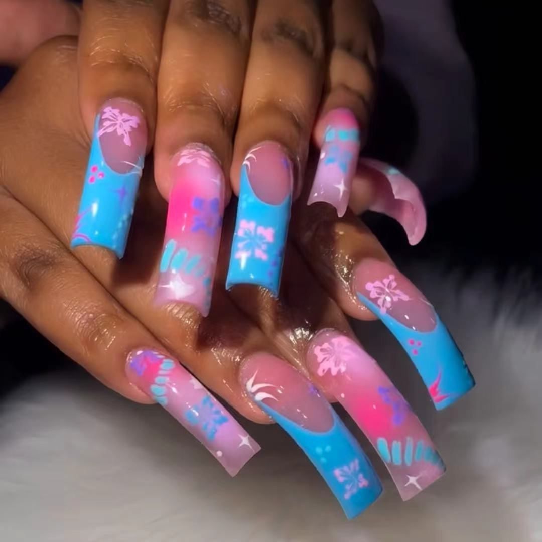 Artistic Press-On Nail Extensions With Floral Designs Bowlift