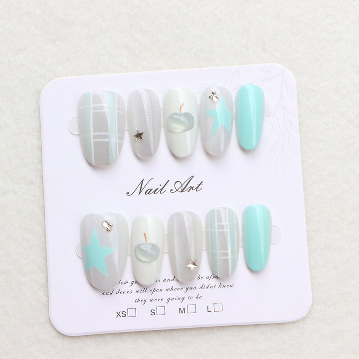 Artistic Press-On Nail Set with Star and Apple Designs Bowlift