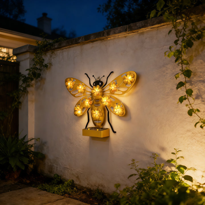 Decorative Solar LED Bee Wall Sculpture With Floral String Lights And Metal Mount Bowlift