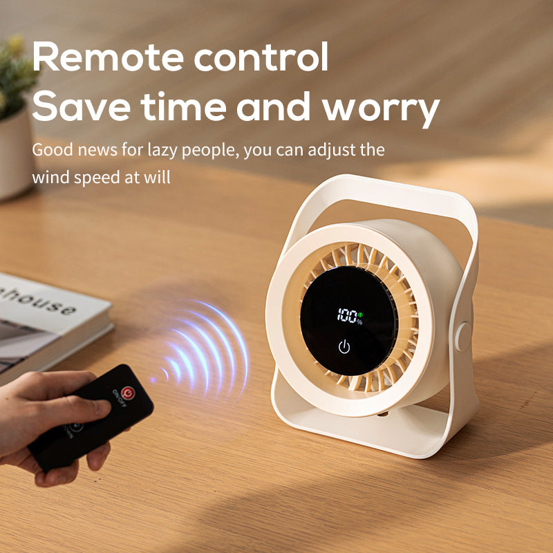 Unisex portable battery table fan with digital battery display, touch-sensitive power button, and adjustable stand