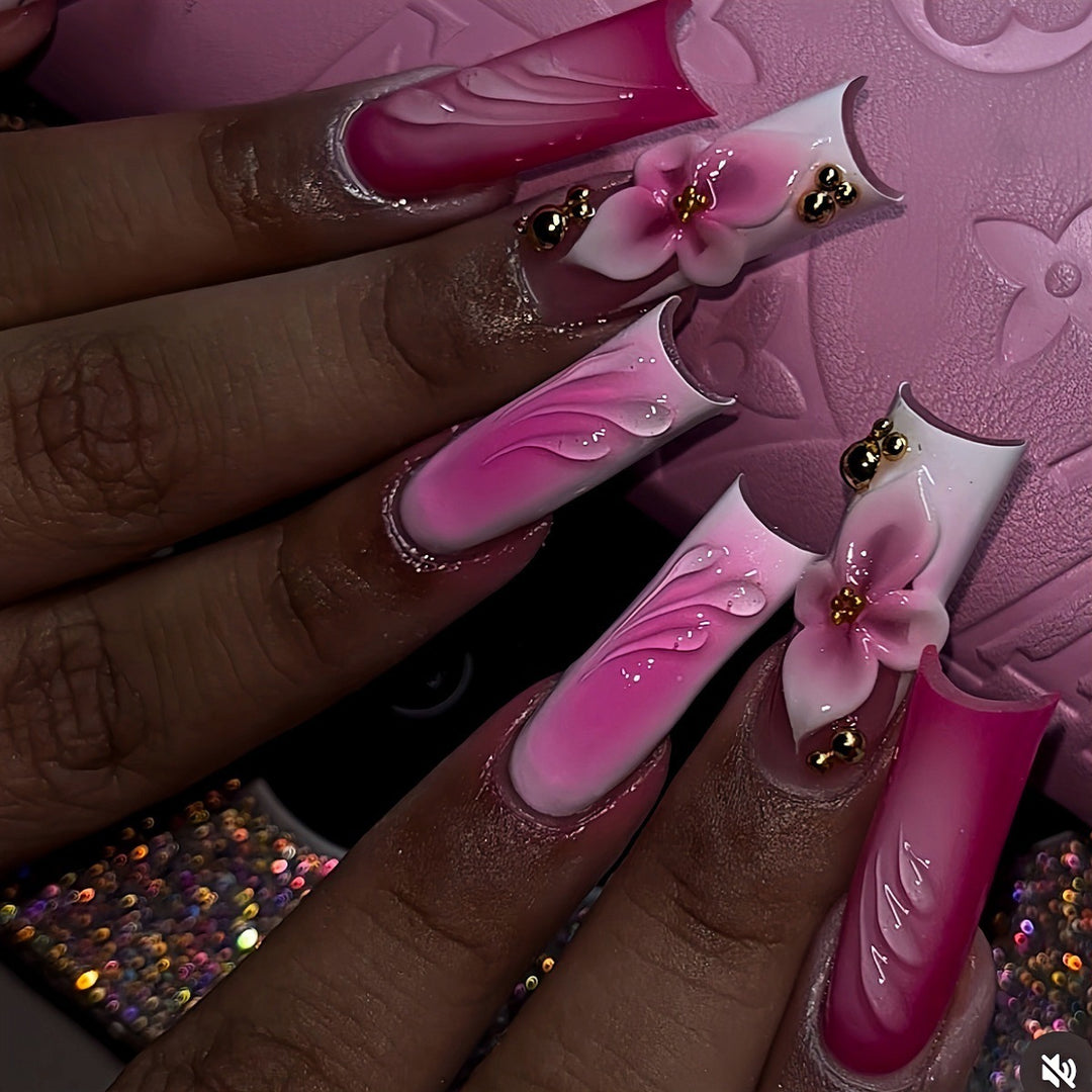 Floral Acrylic Press-On Nail Art Extensions Bowlift