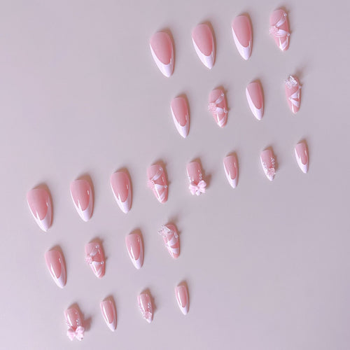 Artificial nail set with romantic 3D flower and bow decorations Bowlift