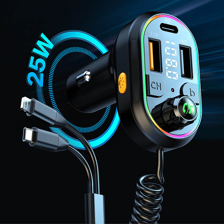 Car Bluetooth FM Transmitter Power Delivery Fast Charger with Dual Lightning and USB-C Integrated Cables Bowlift