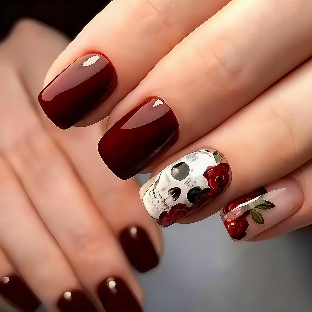 Artistic Nail Tips with Skull and Rose Pattern Bowlift