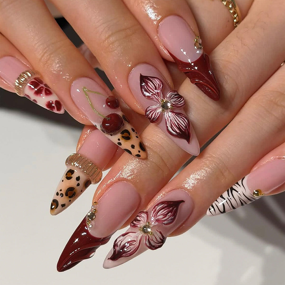 Artificial nail art with floral and animal motifs Bowlift