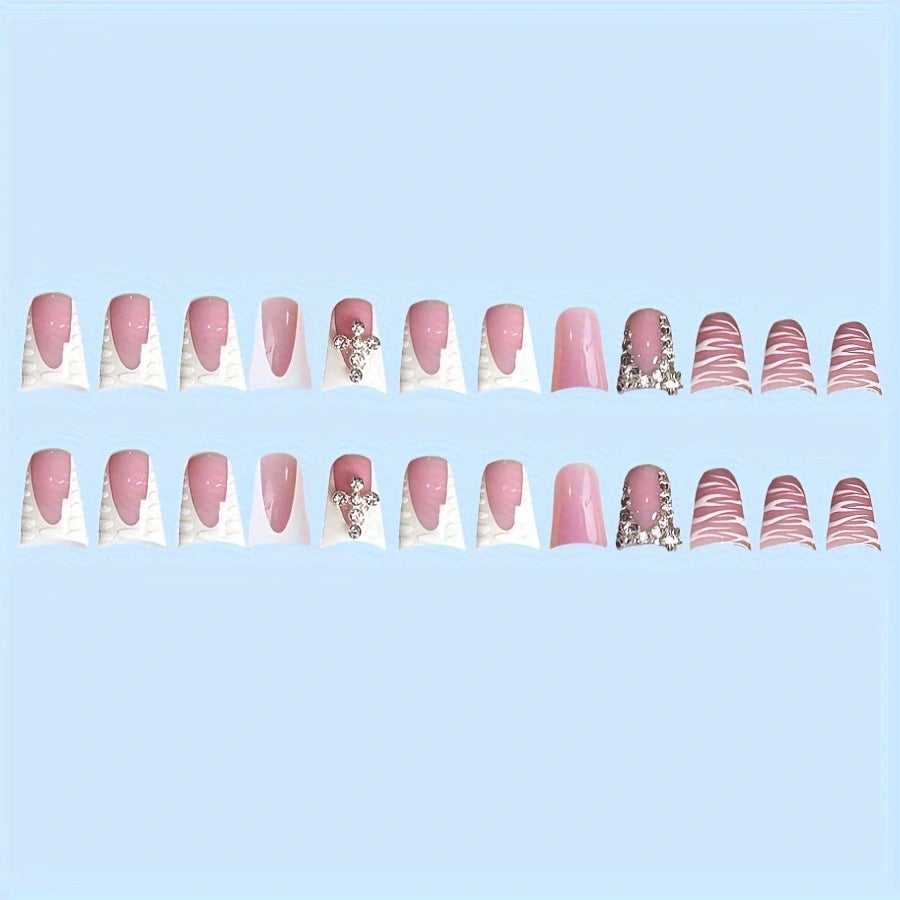 Decorative Press-On Nail Art Set with Gemstone Accents Bowlift