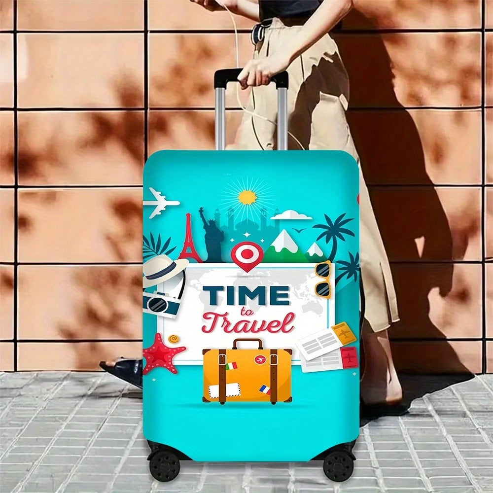 Unisex nan elastic motive suitcase protection in retro travel poster design with zipper and anti-slip attachment for spinner trolleys Bowlift