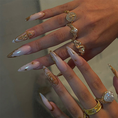 Elegant Press-On Nail Art Set with Gold Accents Bowlift