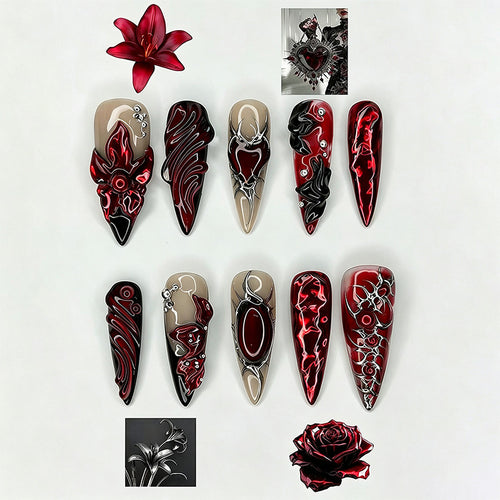 Artificial nail set with extravagant red and black designs Bowlift