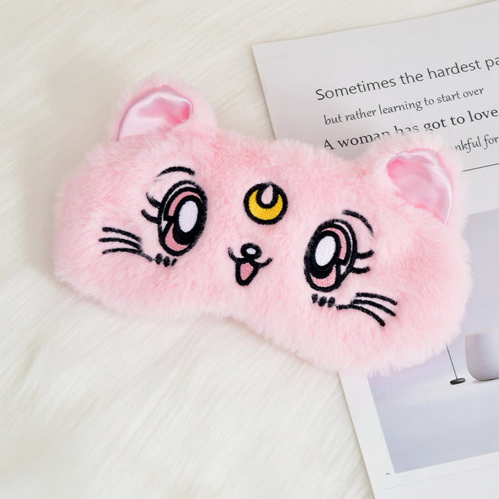 Women's fluffy sleep mask with embroidered cat design and soft comfort ears Bowlift