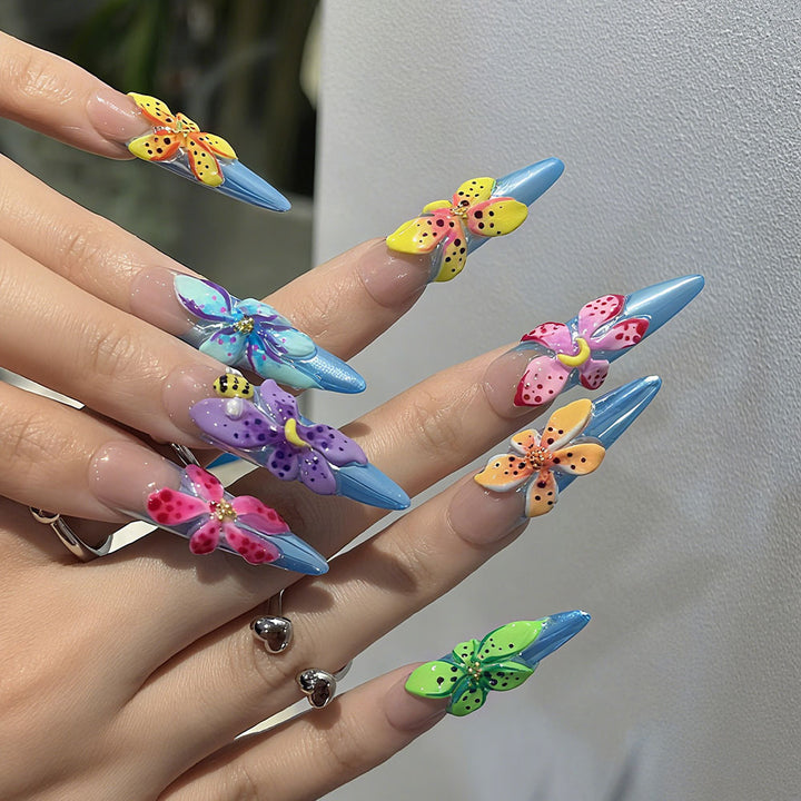 Artificial nails with colorful 3D flower designs Bowlift