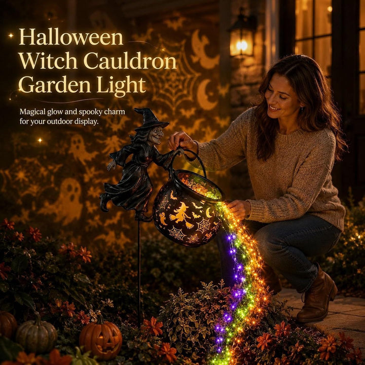 Garden decoration with illuminated witch figure Bowlift
