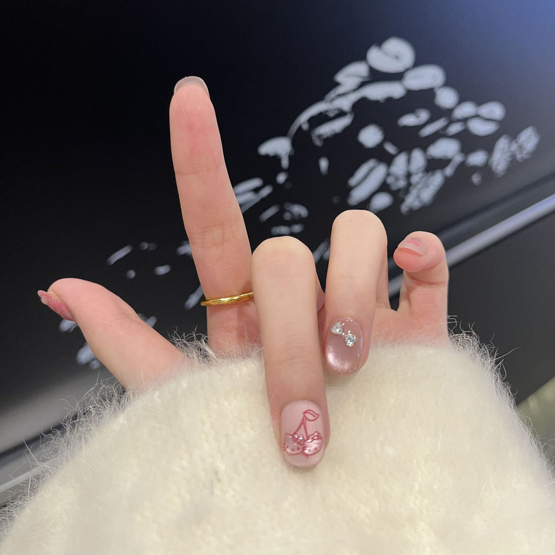 Decorative Press-On Nail Art Set with Cherry and Bow Accents Bowlift