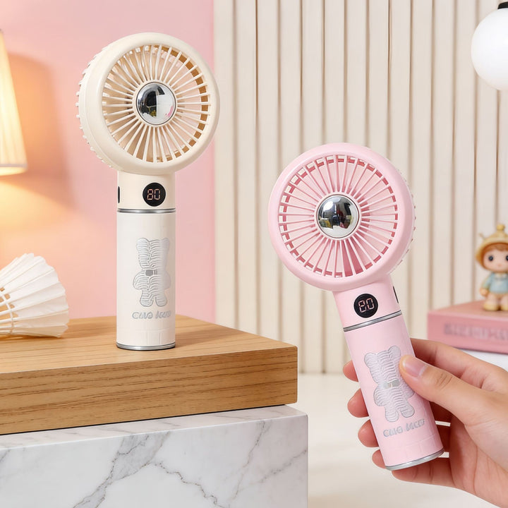 Women portable hand fan with digital speed display and playful bear motif Bowlift