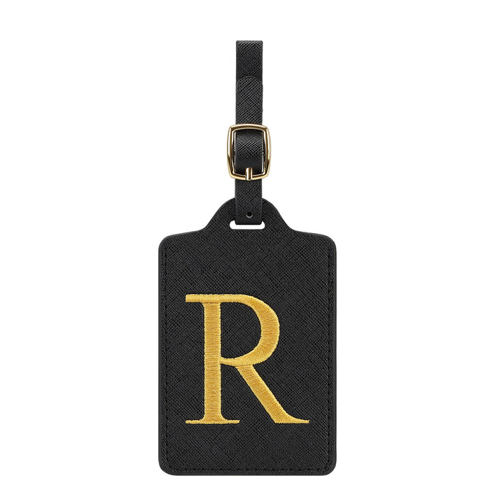 embroidered initial monogram leather luggage tag with adjustable buckle strap Bowlift
