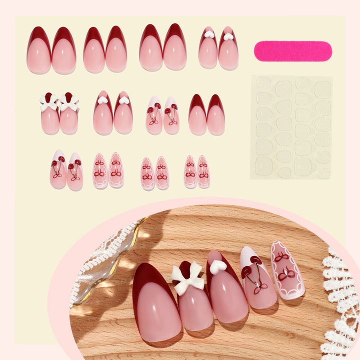 Decorative Press-On Nail Set with Charming Cherry and Bow Designs Bowlift