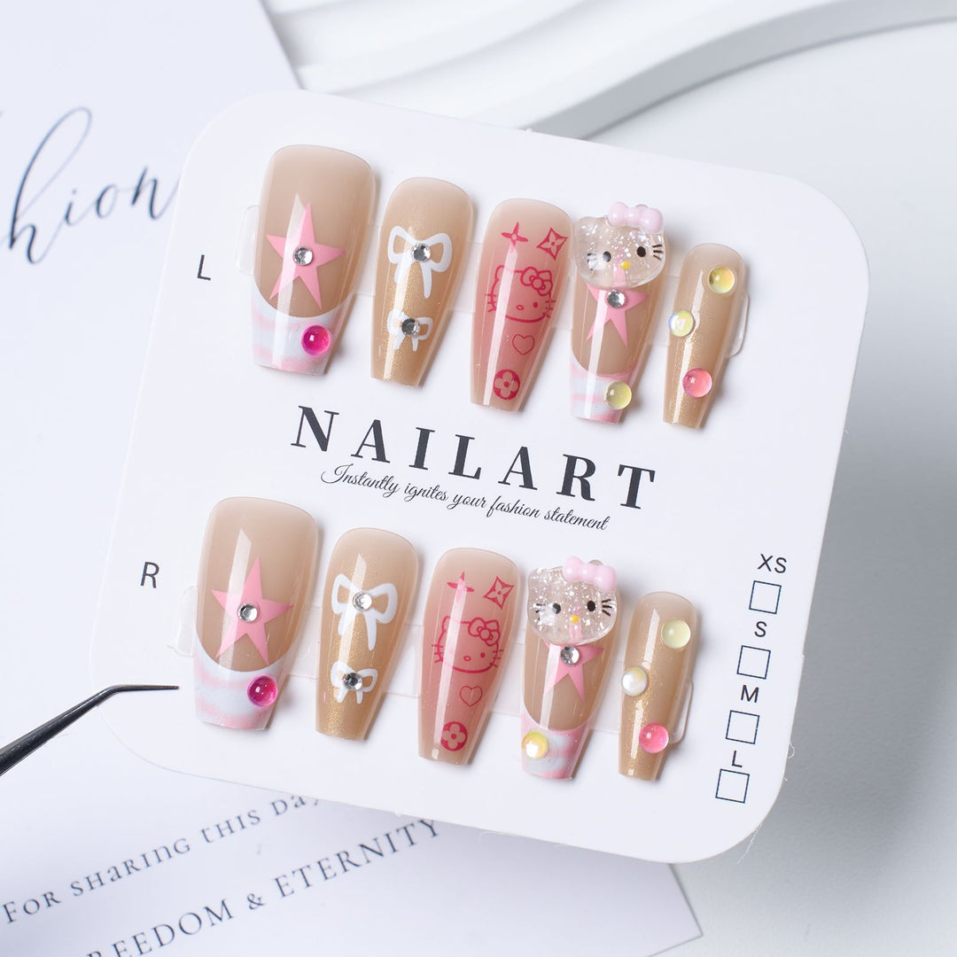 Decorative Press-On Nail Set with Elegant Floral and Gemstone Accents Bowlift