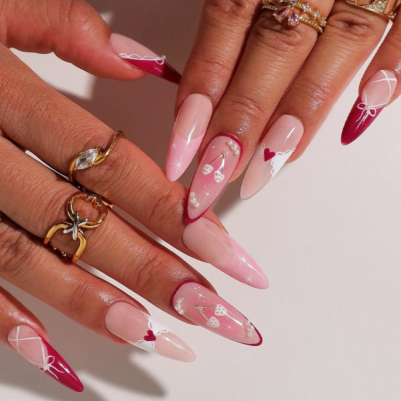 Decorative Press-On Nail Set with Heart and Ribbon Designs Bowlift