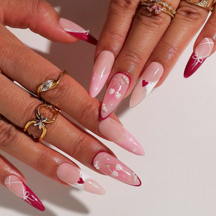 Decorative Press-On Nail Set with Heart and Ribbon Designs Bowlift