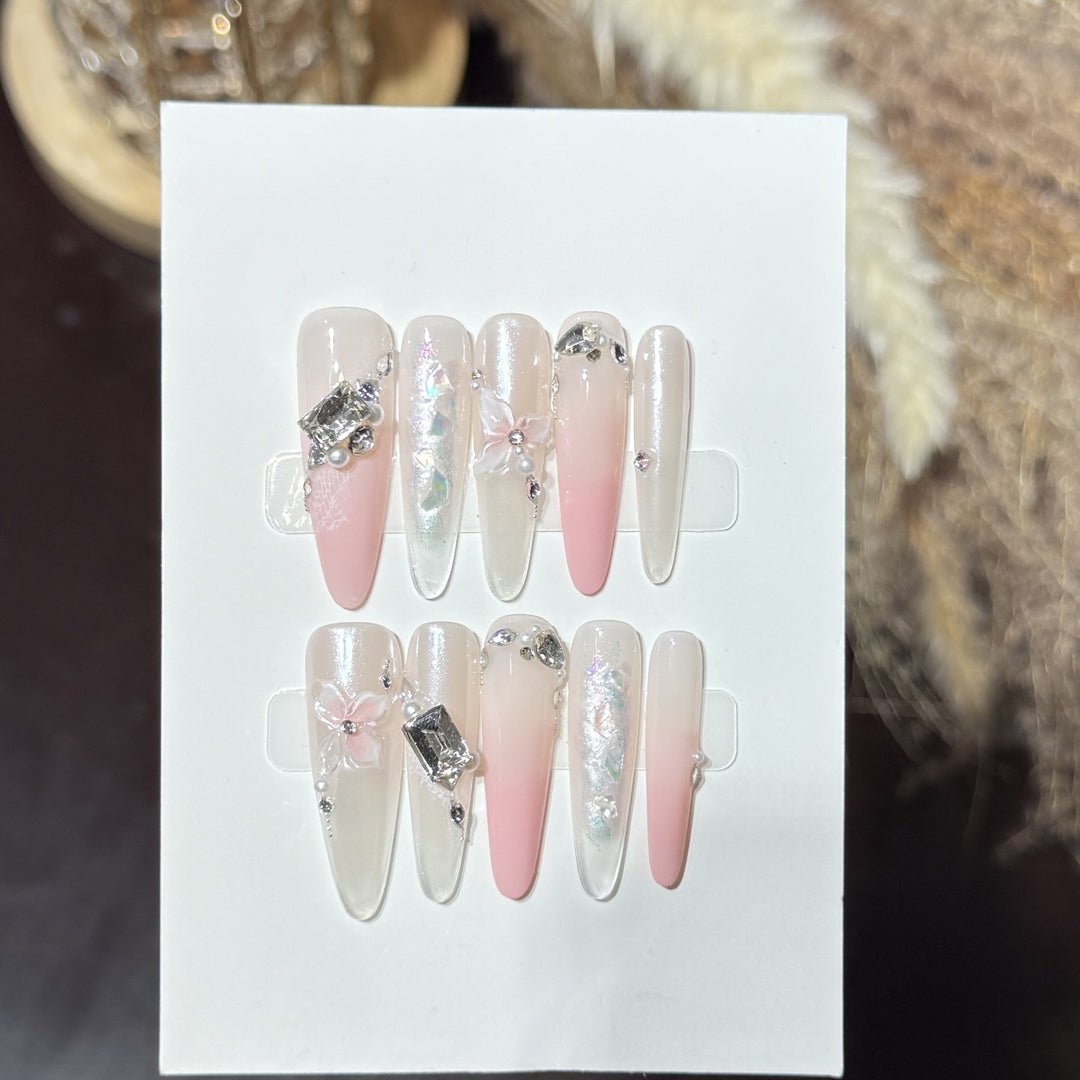 Elegant Stiletto Press-On Nail Art Set with Decorative Floral Accents Bowlift