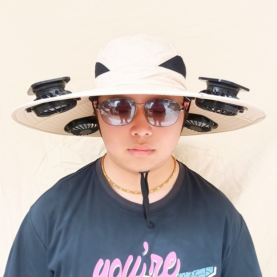 Wide-brimmed sun hat with detachable swivel solar fans and adjustable chin strap Bowlift
