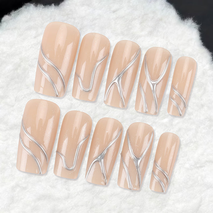 Artistic Press-On Nail Design with Elegant Graphical Accents Bowlift