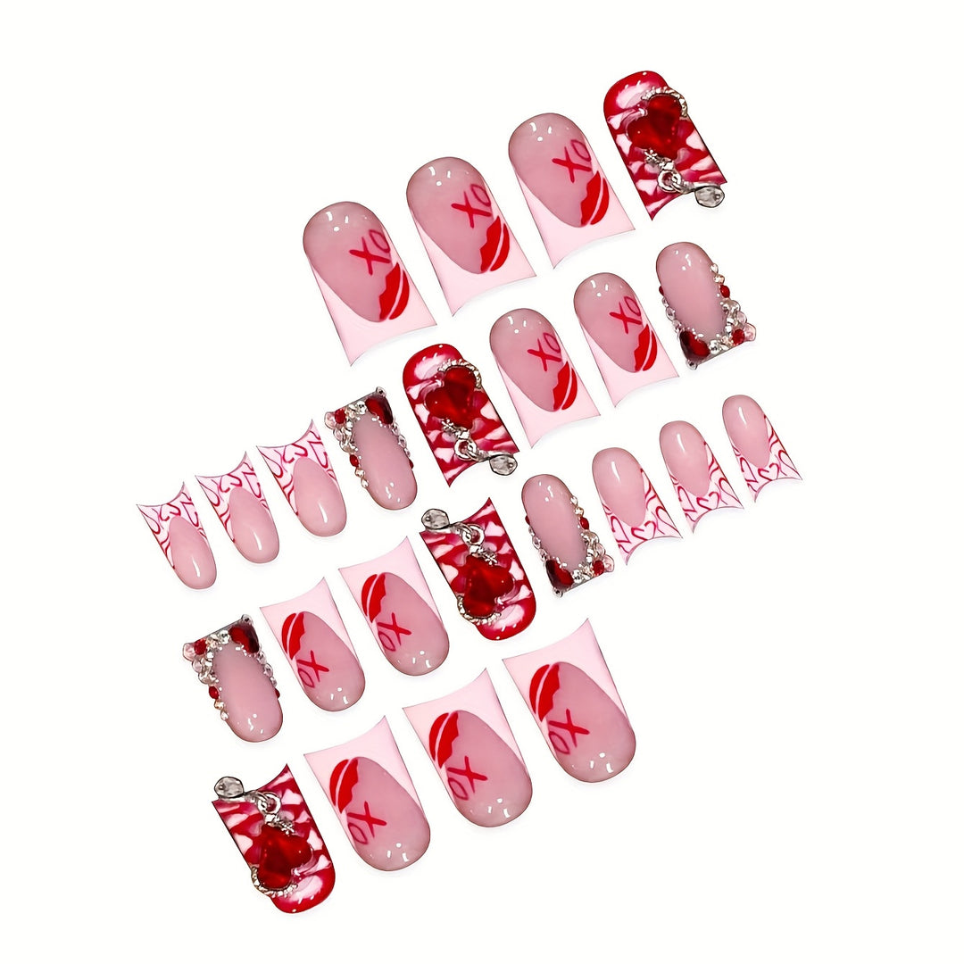 Romantic Heart-Themed Press-On Nail Art Set Bowlift