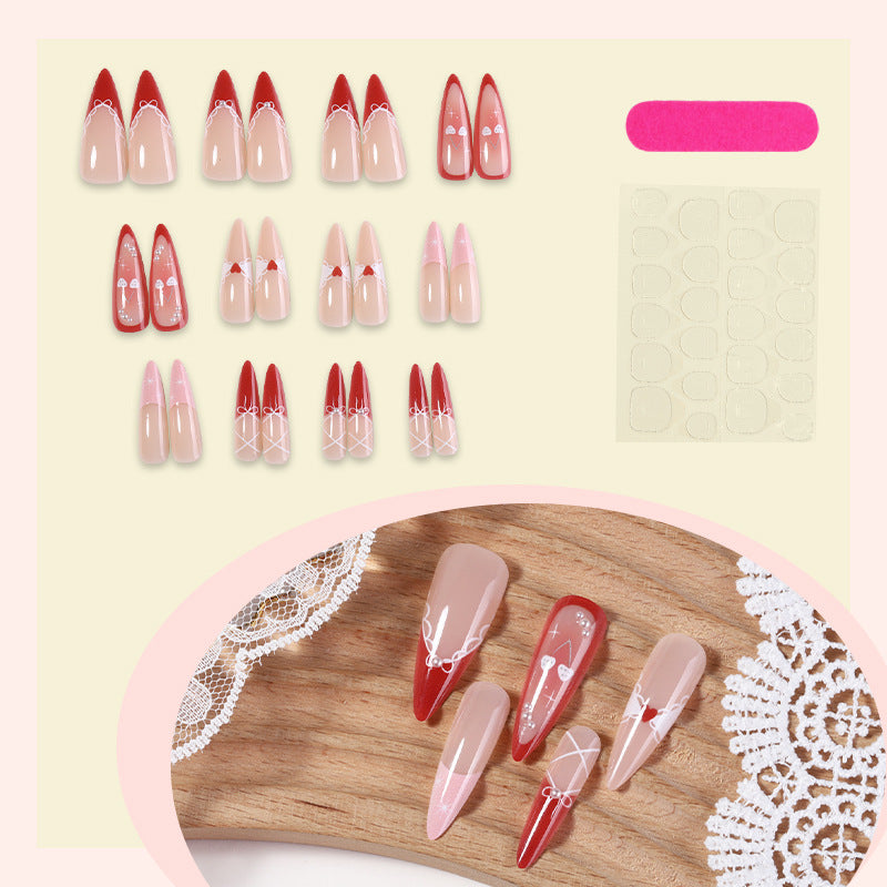 Decorative Press-On Nail Set with Heart and Ribbon Designs Bowlift