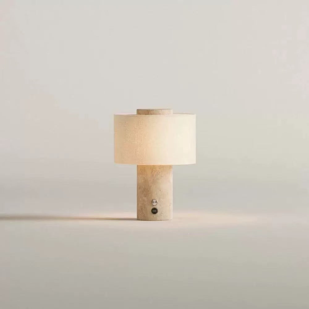Sculpted natural stone table lamp with fabric drum shade and dimmer Bowlift