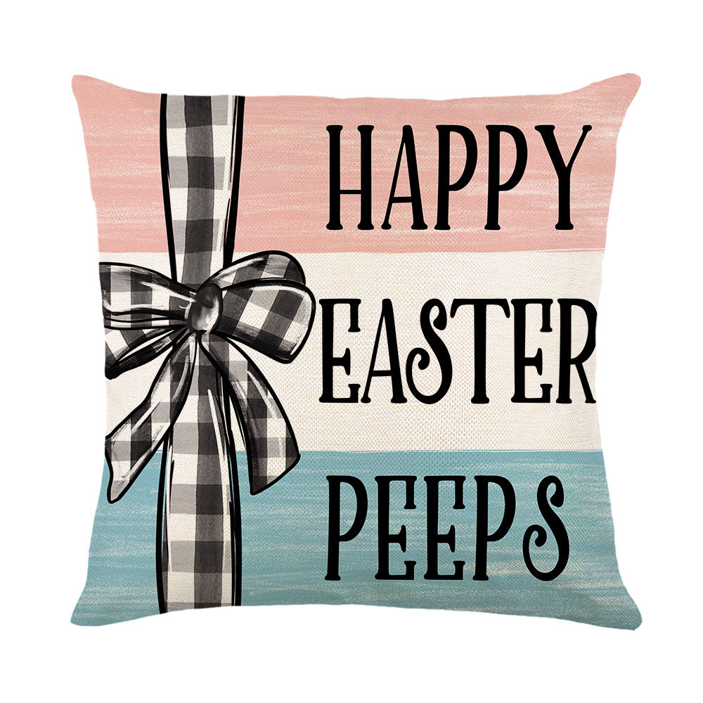 Spring Easter Cotton-Linen Square Decorative Throw Pillow Cover with 'Happy Easter' Script Print
