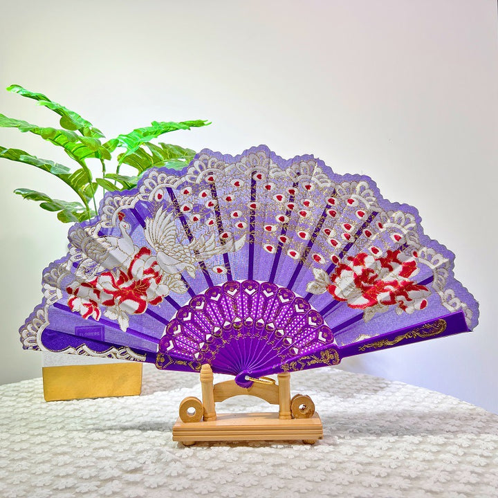 Women Folding Hand Fan with Elegant Embroidery Bowlift