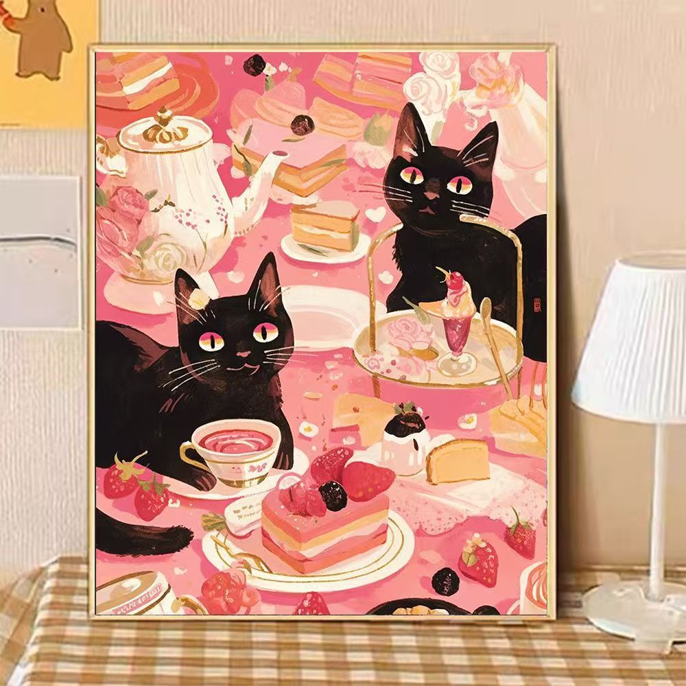Whimsical Cat-Themed Afternoon Tea Canvas Art Bowlift