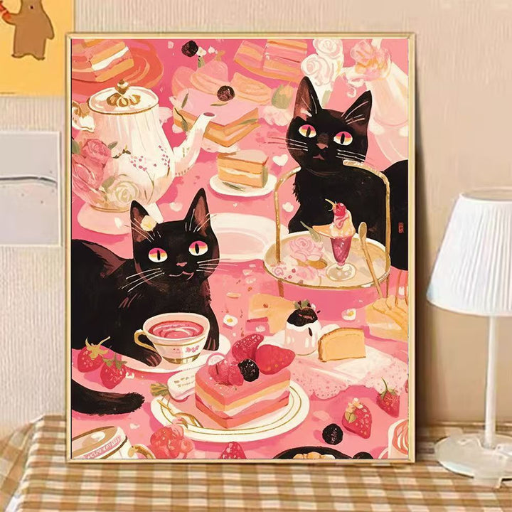 Whimsical Cat-Themed Afternoon Tea Canvas Art Bowlift