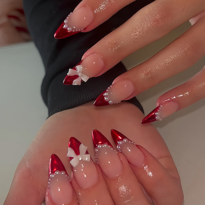 Decorative Stiletto Press-On Nails with Pearls and Bow Accents Bowlift
