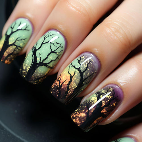 Artificial nails with fascinating tree silhouette design Bowlift