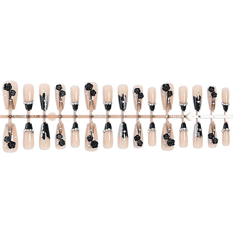 Artificial nail set with glamorous 3D rose details and elegant glitter accents Bowlift