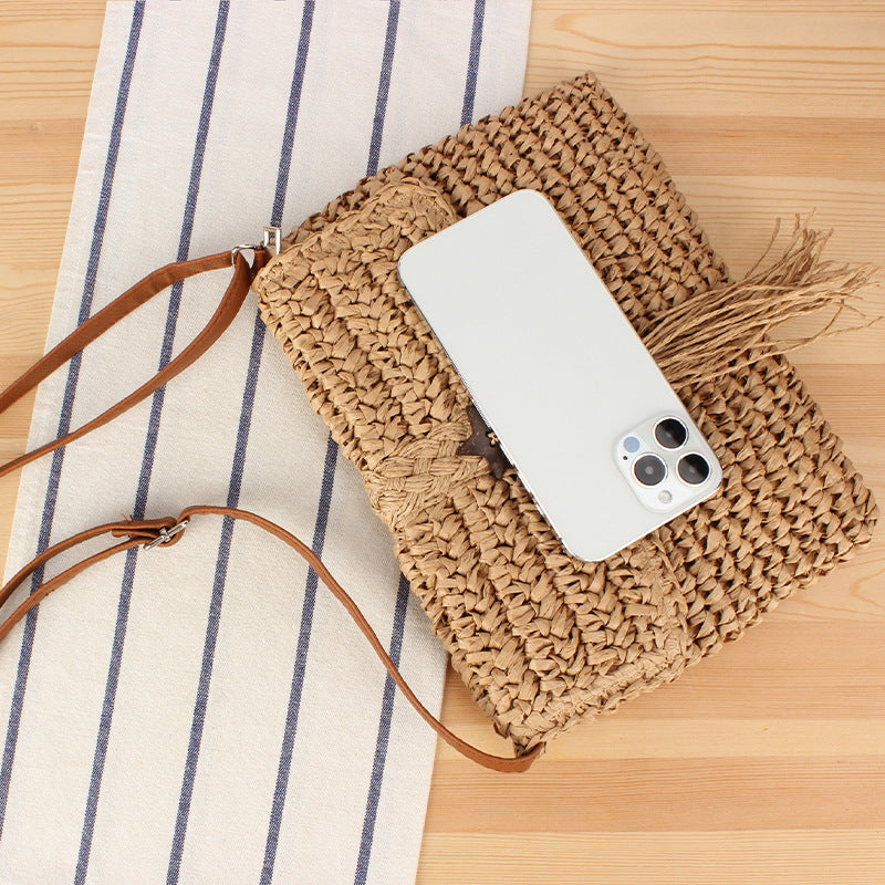 Handmade macrame shoulder bag with tassels and leather accents Bowlift