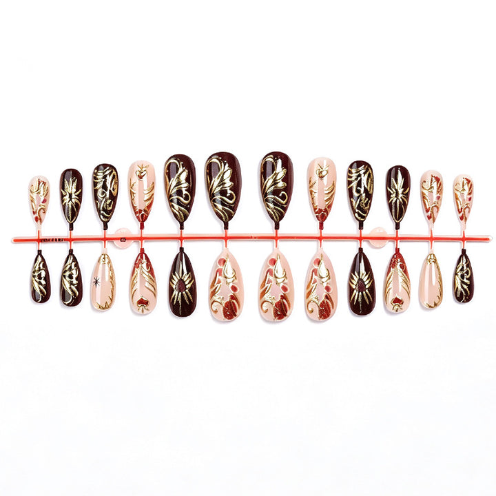 Decorative Press-On Nail Art Set with Intricate Gold Floral Design Bowlift