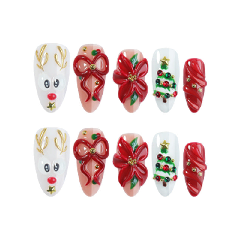Creative Christmas Art Nail Set with Festive Designs and Glitter Accents Bowlift