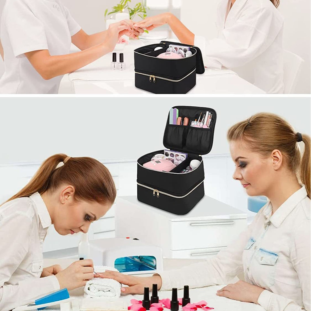 Luxury Double-Deck Nail & Cosmetic Organizer with Removable Silicone Bottle Grid Bowlift