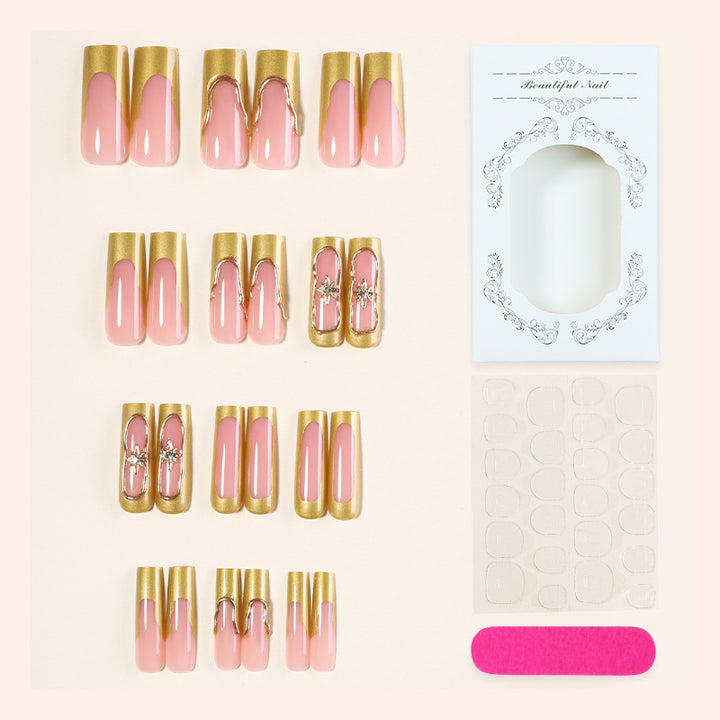 Elegant Press-On Nail Art Set with Gold Accent Design Bowlift