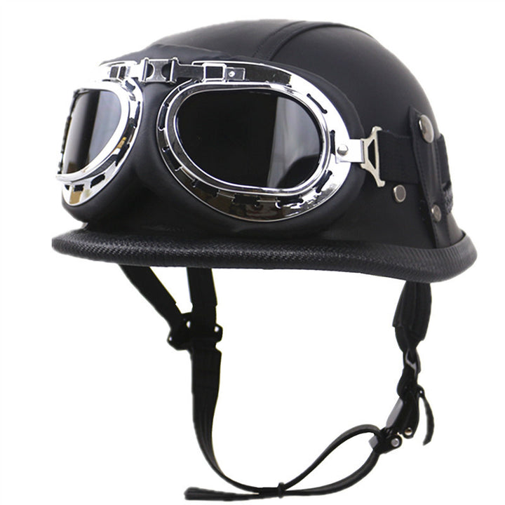 Vintage Leather Biker Helmet with Goggles Bowlift