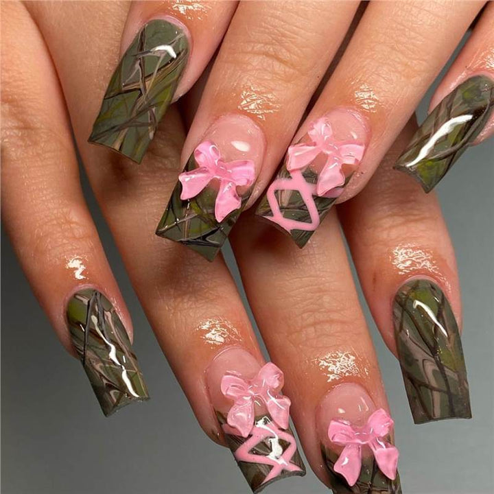 Decorative Long Press-On Nail Art with Bow Accents Bowlift