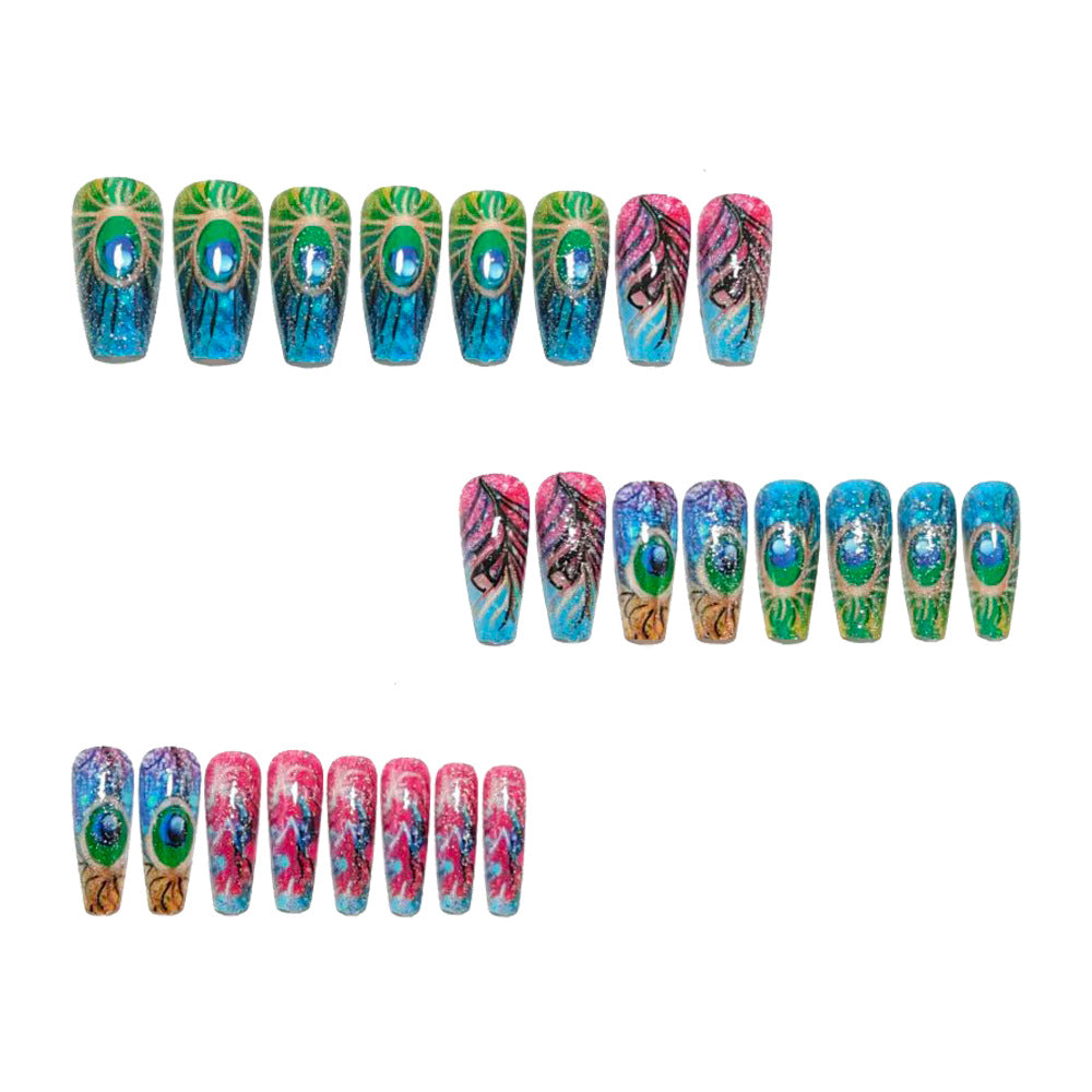 Artificial nails with detailed peacock feather motif Bowlift