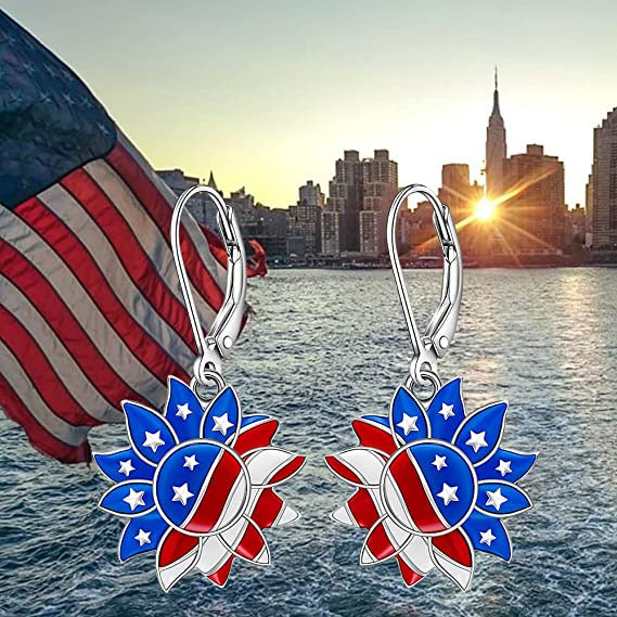 Women's nan patriotic peace sign enamel dangle earrings with leverback clasp and hypoallergenic plating Bowlift
