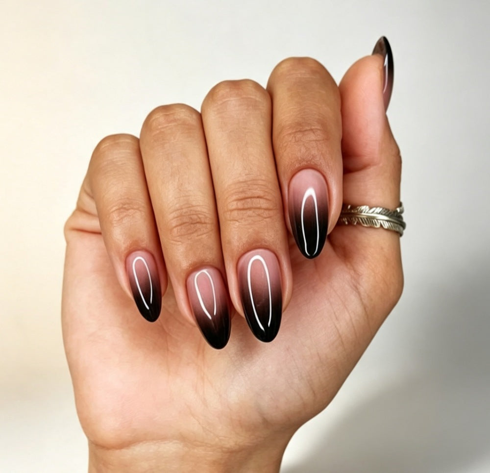 Artificial nails with elegant ombre design and filigree edge Bowlift