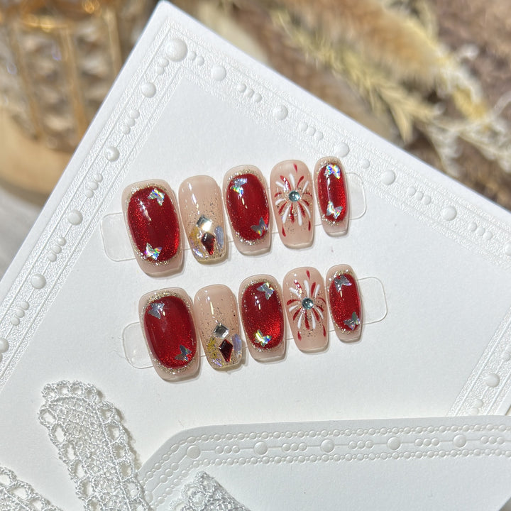 Artistic Press-On Nail Set with Glitter and Star Accents Bowlift